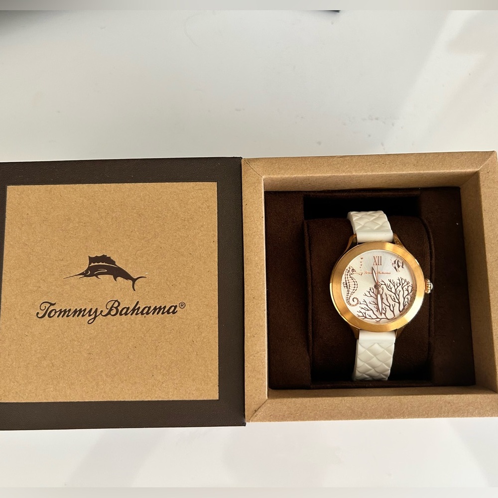 Tommy Bahama rose gold watch with white band
